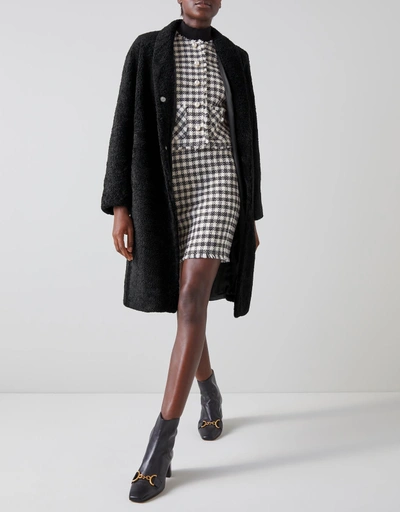 Ebba Shearling and Leather Knee Length Coat-Black