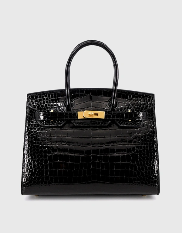 Hermès Hermes Birkin 30 Porosus Crocodile Leather Handbag-Noir Gold Hardware