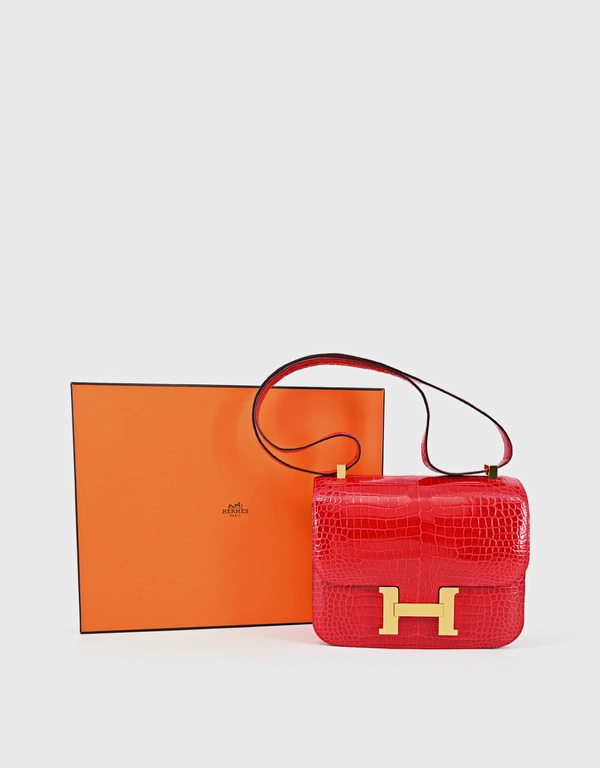 Hermès Hermes Constance 24 Shiny Crocodile Leather Crossbody Bag-Braise Gold Hardware