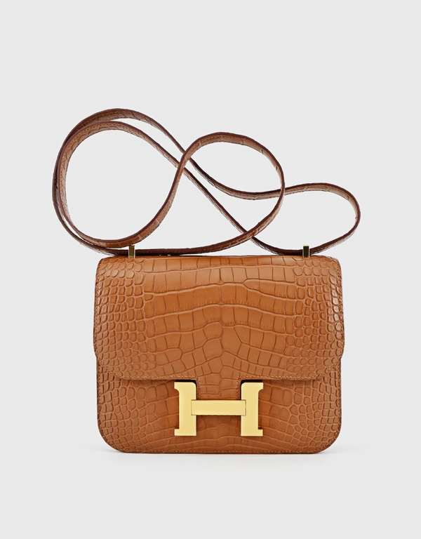 Hermès Hermes Constance 18 Matte Alligator Crocodile Leather Crossbody Bag-Camel Gold Hardware