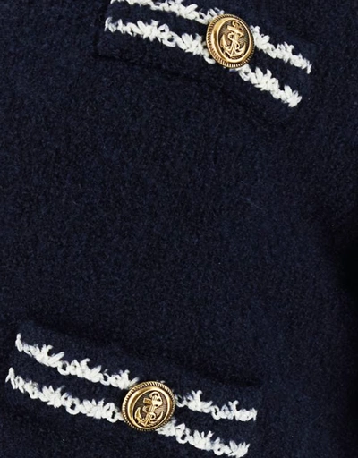 條紋飾邊羊毛混紡短版開襟衫