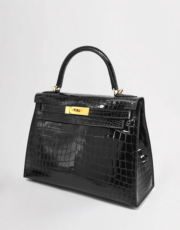 Hermès Hermes Kelly 28 Crocodile Leather Crossbody Bag-Noir Gold Hardware