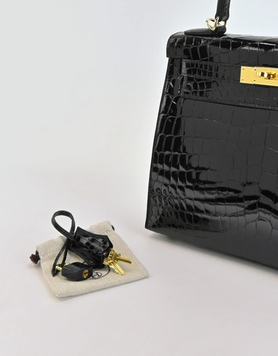 Hermes Kelly 28 Crocodile Leather Crossbody Bag-Noir Gold Hardware