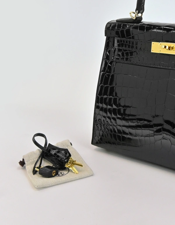 Hermès Hermes Kelly 28 Crocodile Leather Crossbody Bag-Noir Gold Hardware
