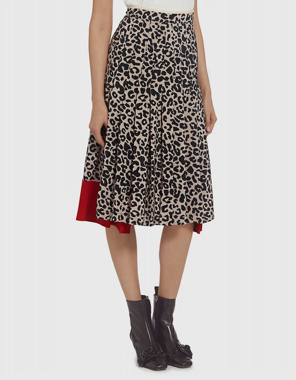 No.21 Leopard Animal-print Asymmetric Silk Knee Length Pleated Skirt