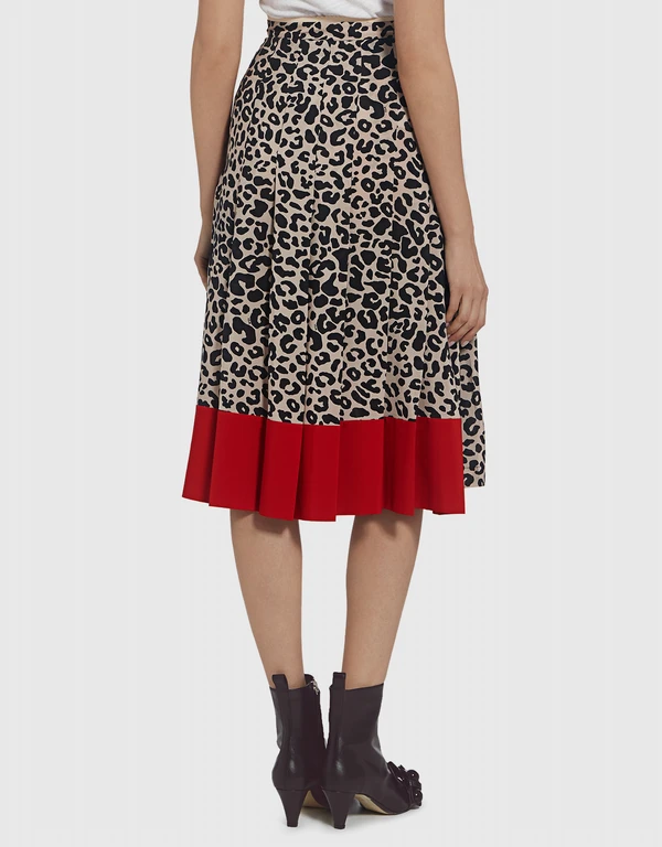No.21 Leopard Animal-print Asymmetric Silk Knee Length Pleated Skirt