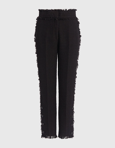 Tweed Side Button Straight-leg Pants