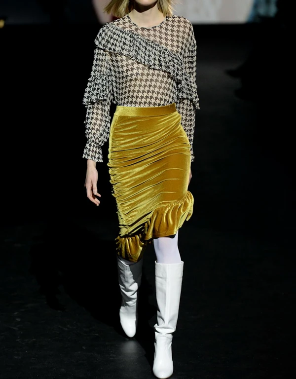 Jill Ruffled Velvet Asymmetric Midi Skirt