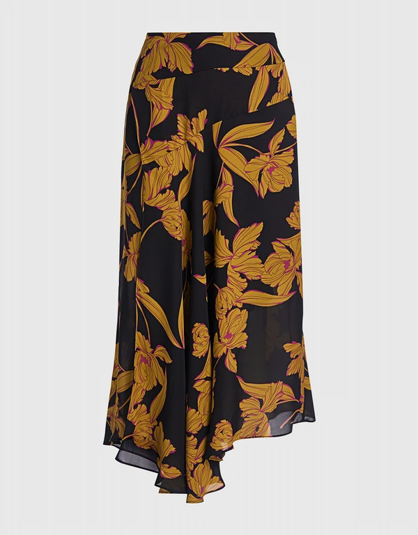 A.L.C. Lev Silk Floral Asymmetric Midi Skirt
