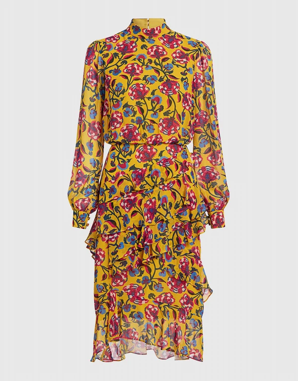 Isa Silk Ruffle Floral Knee Length Dress