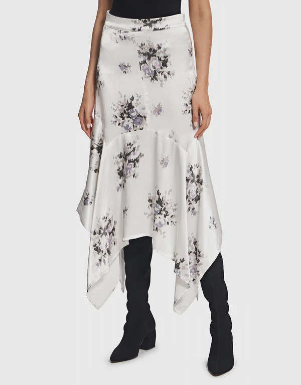 Ganni Cameron Floral Asymmetric Satin Midi Skirt