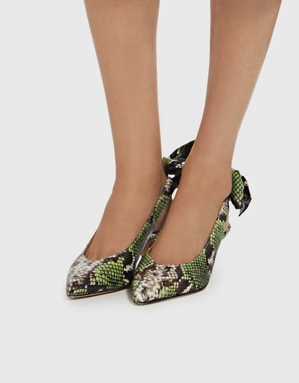 Leather Sabine Snake-effect Pointed-toe Bow Tie Slingback Kitten Heels