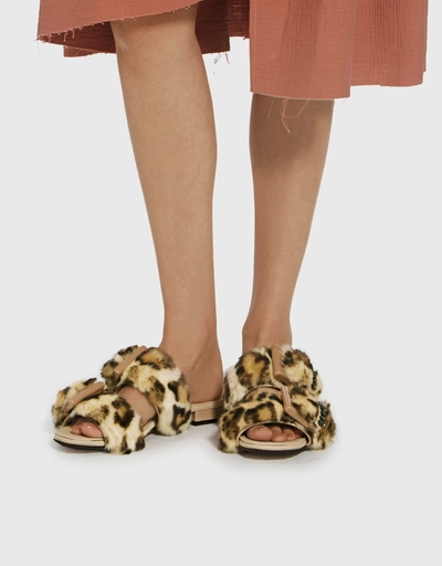 Embellished Buckle Leopard Animal-print Faux Fur Slides