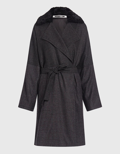 Faux Fur Collar Wool Check Kimono Wrapped Coat