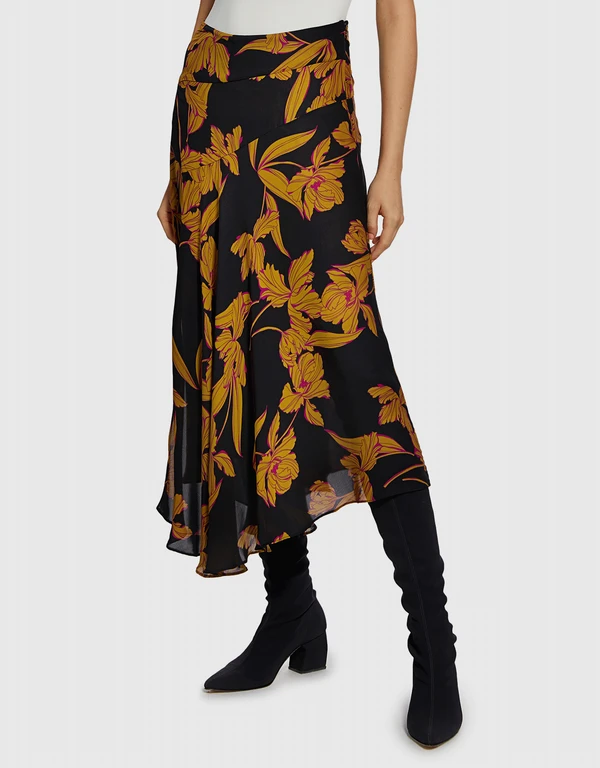 A.L.C. Lev Silk Floral Asymmetric Midi Skirt