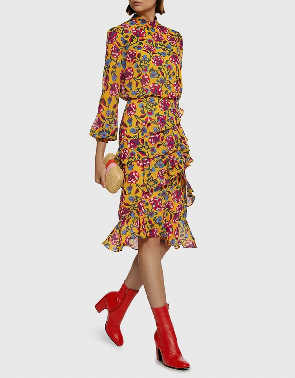 Isa Silk Ruffle Floral Knee Length Dress