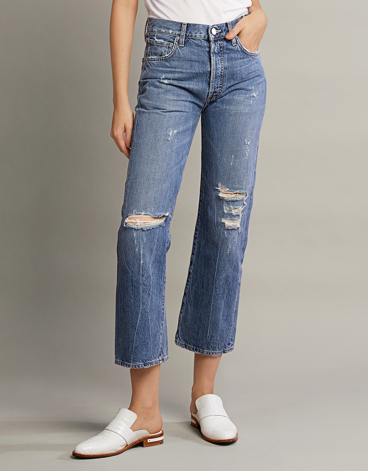 Jean Atelier Laurent High-rised Distressed Cropped Jeans (Jeans,Straight  Leg) IFCHIC.COM