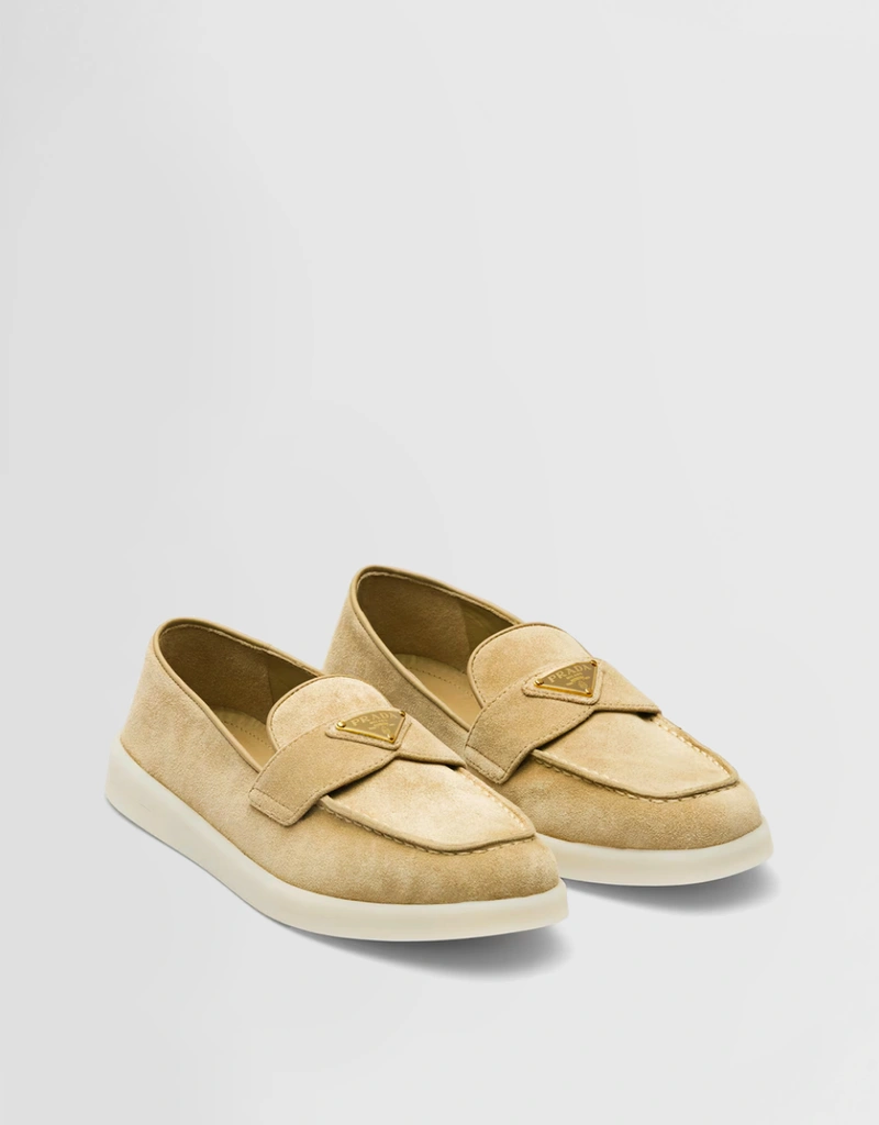 PRADA ベージュ ローファー・ヒール 約8cm Prada Logo Suede Calfskin Leather Loafers (Flat Shoes) IFCHIC.COM