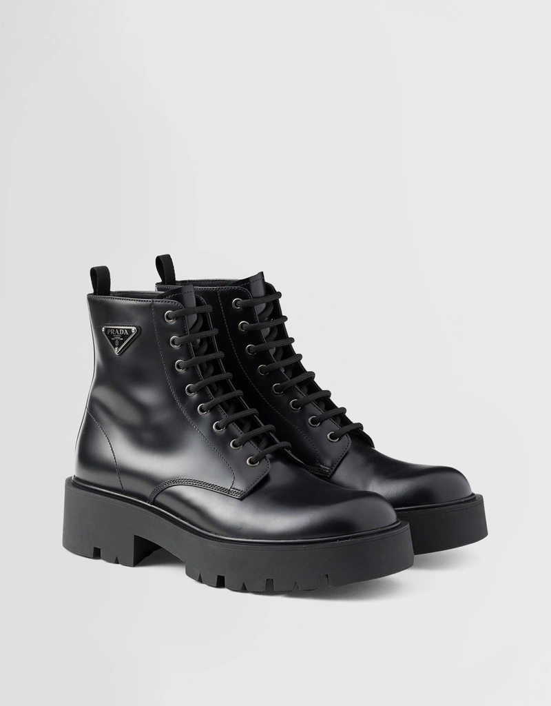 靴 PRADA Prada普拉達男士Logo 拉絨皮革踝靴(鞋子,靴子,繫帶靴子) ｜IFCHIC台灣官網
