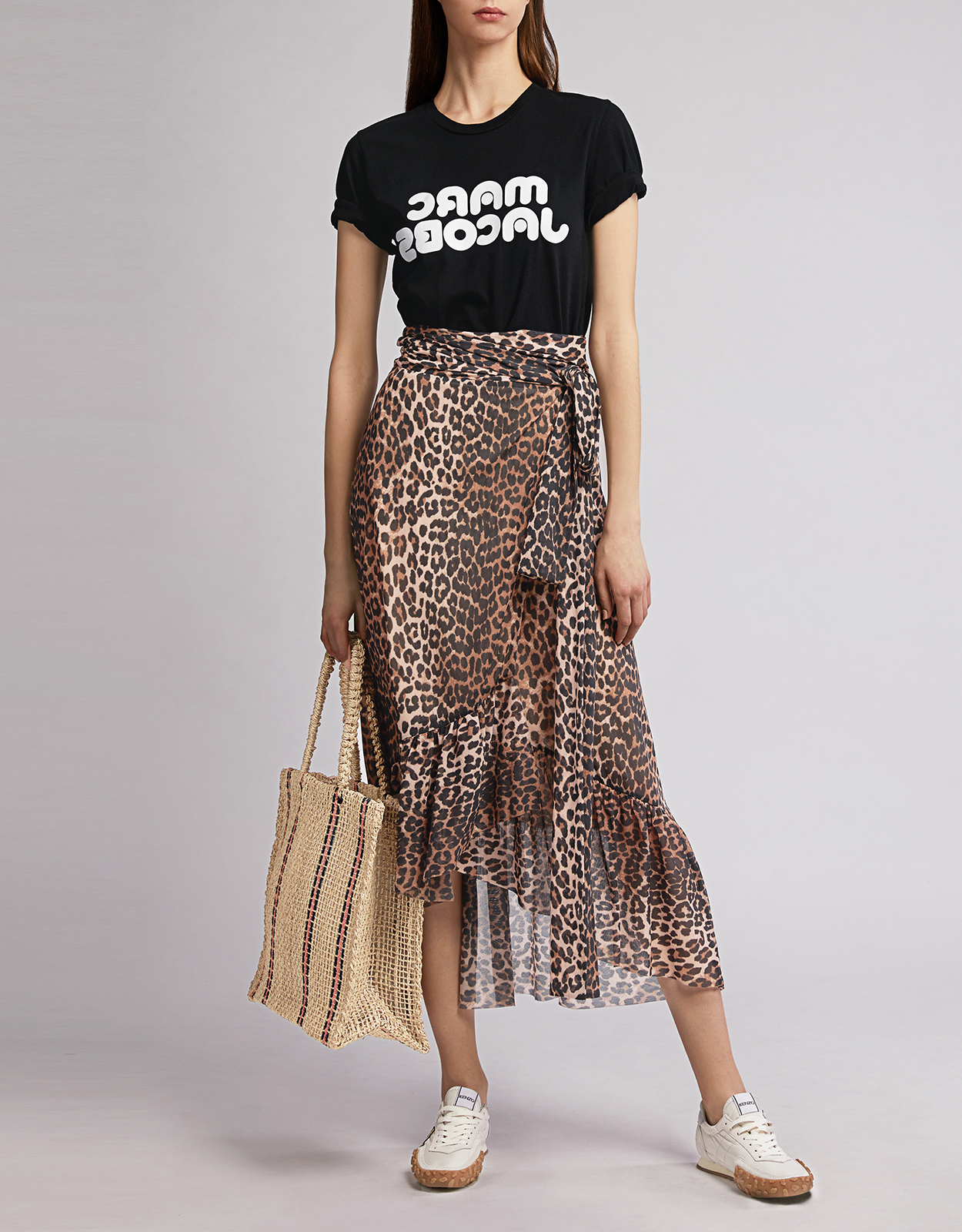 Ganni Tilden Leopard Mesh Ruffled 