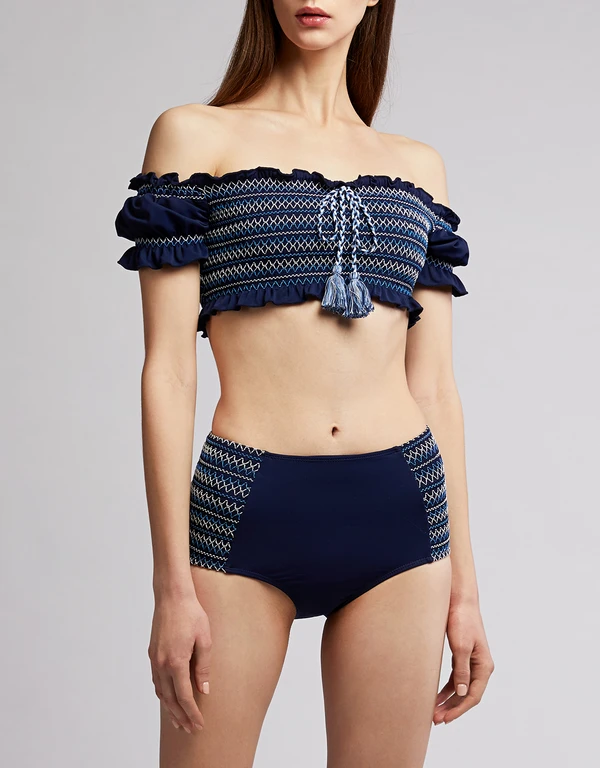 Jonathan Simkhai Smocked High-rised Striped Bikini Bottom