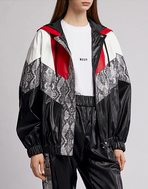 MSGM Snake Skin Patchwork Faux Leather Hoodie Jacket (Jackets