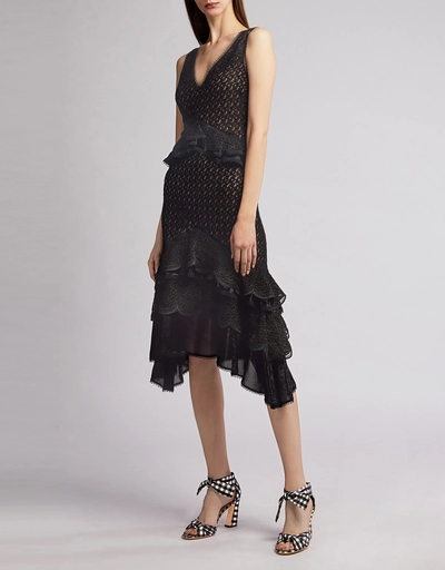 Shimmer Textured Lace  Ruffle Tiered Knitted Knee Length Dress