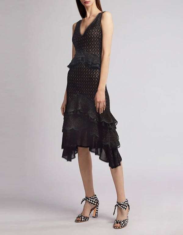 Jonathan Simkhai Shimmer Textured Lace  Ruffle Tiered Knitted Knee Length Dress