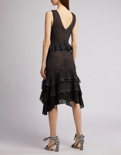 Shimmer Textured Lace  Ruffle Tiered Knitted Knee Length Dress