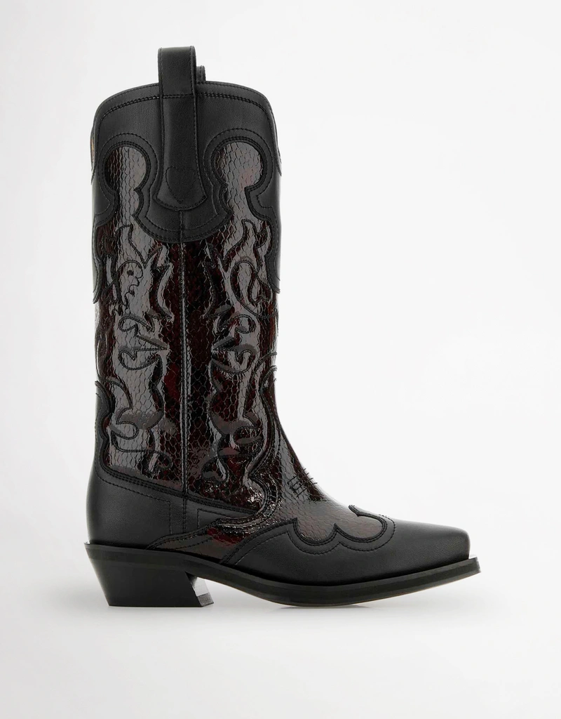 Ganni Leather Mid Shaft Embroidered Western Boots () IFCHIC.COM