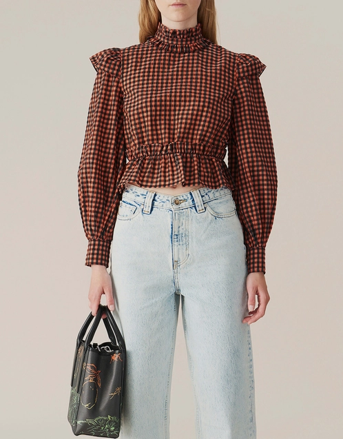 Seersucker Check Cropped Blouse