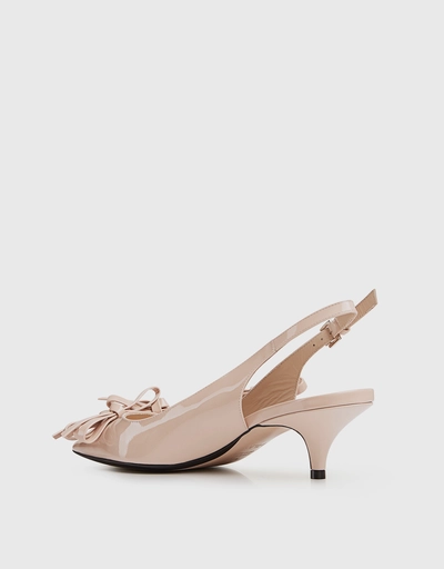 Patent Pointed Bow-Embellished Slingback Kitten Heeled Pumps