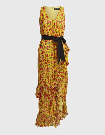 Rosalind Floral V-neck Tie-waist Ruffled Chiffon Midi Dress