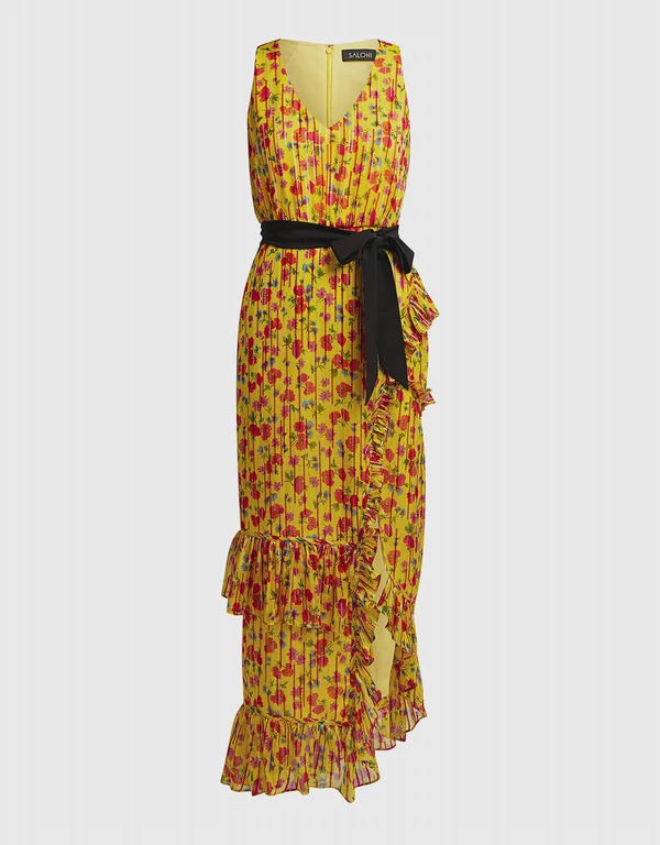 Saloni Rosalind Floral V-neck Tie-waist Ruffled Chiffon Midi Dress