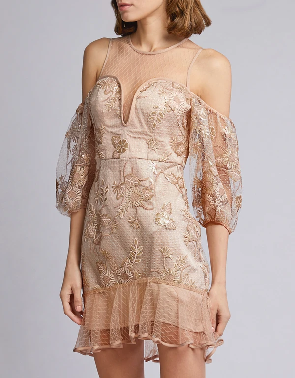 Sweet Little Mystery Cold Shoulder Lace Ruffled Mini Dress