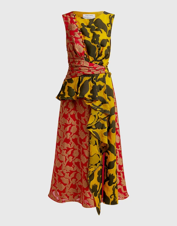 Shar Floral Ruffle Front Slit Midi Dress