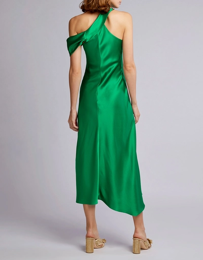 Martina Off-the-shoulder Asymmetric Satin Midi Dress