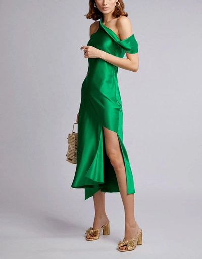 Martina Off-the-shoulder Asymmetric Satin Midi Dress