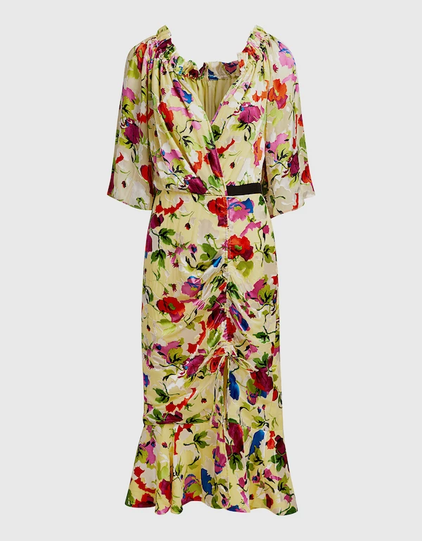 Saloni Olivia-B V-Neck Floral Ruffled Wrap Midi Dress