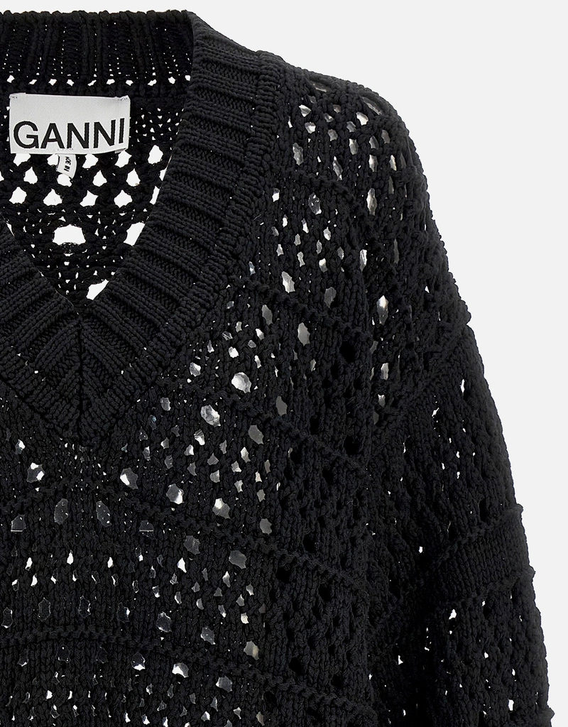 ガニー GANNI Vネック クロッシェ ニット セーター XXS-XS 黒 Ganni Cotton Blend Crochet V-Neck Sweater (Knitwear) IFCHIC.COM