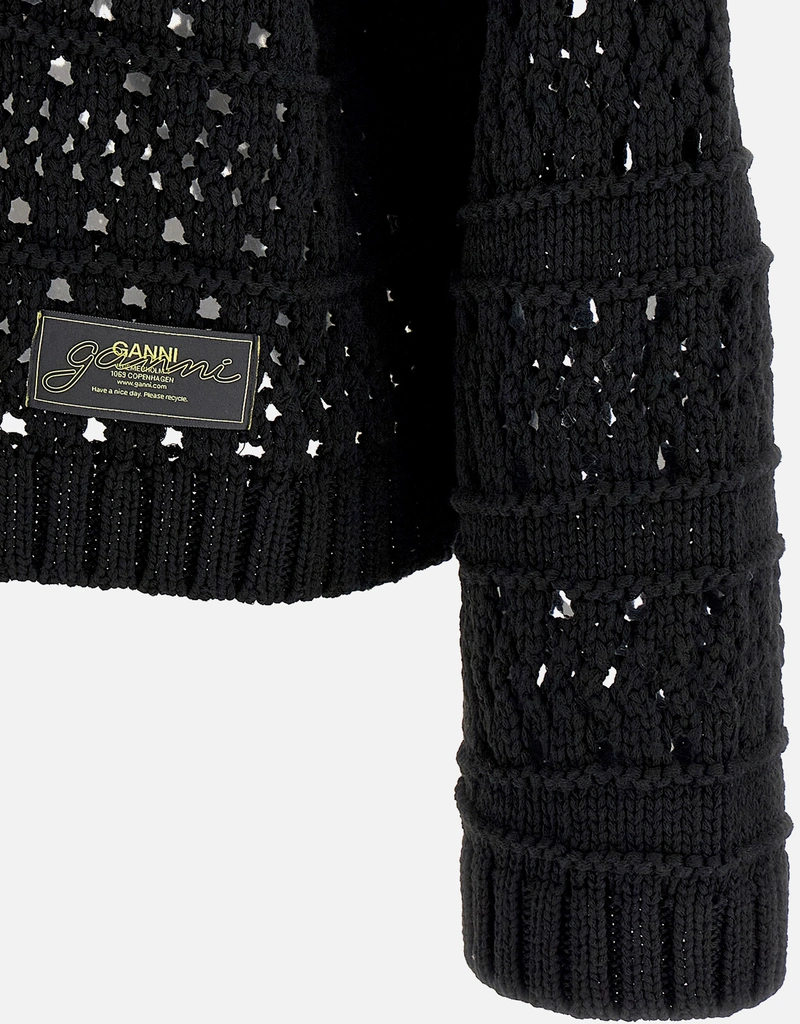 ガニー GANNI Vネック クロッシェ ニット セーター XXS-XS 黒 Ganni Cotton Blend Crochet V-Neck Sweater (Knitwear) IFCHIC.COM