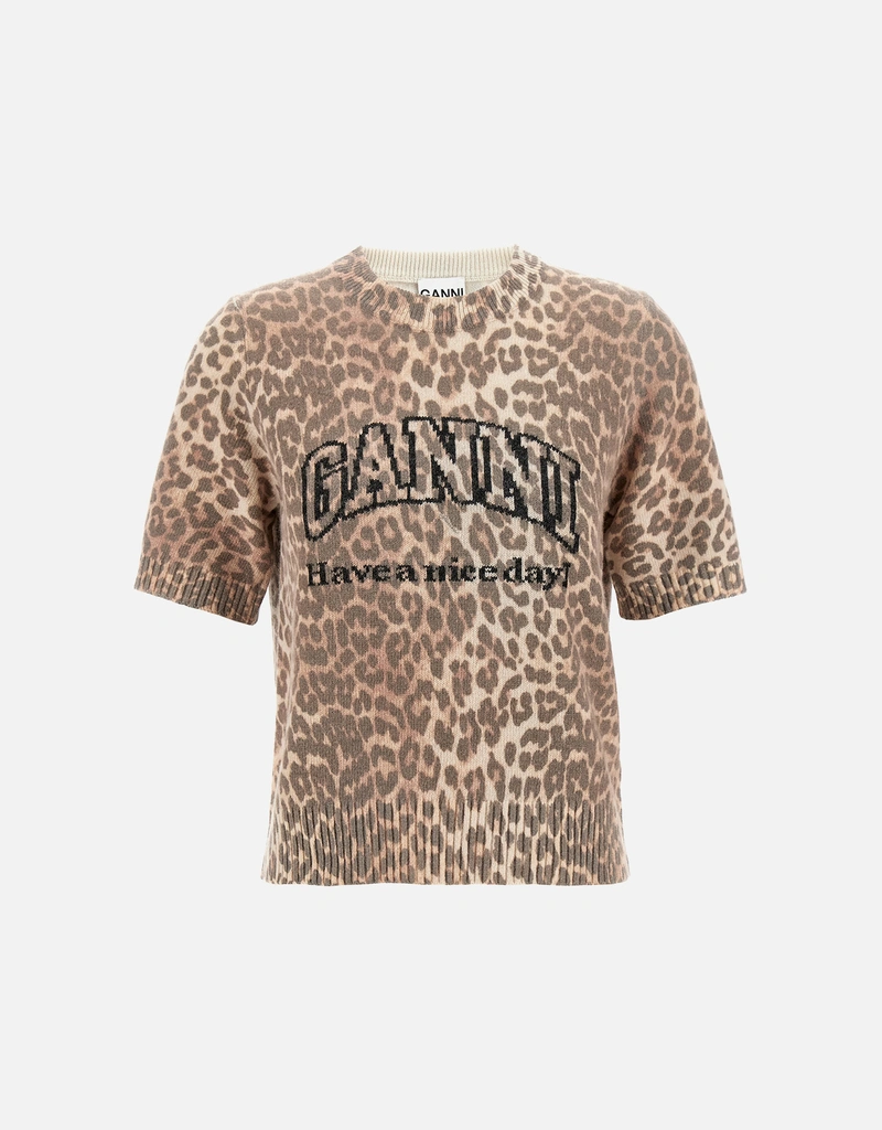 Ganni レオパードウールミックスTシャツ (トップス,Tシャツ) IFCHIC.COM