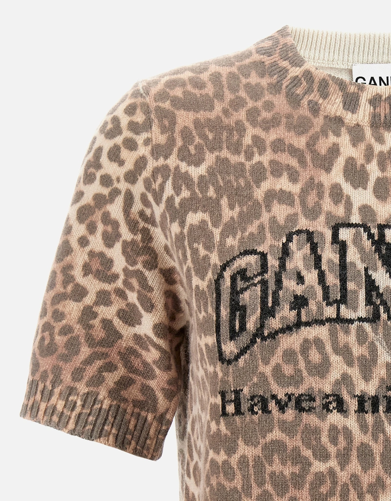Ganni レオパードウールミックスTシャツ (トップス,Tシャツ) IFCHIC.COM