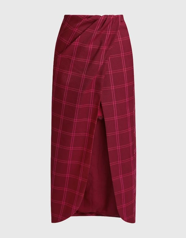 Jonathan Simkhai Windowpane Plaid Front Slit Lace Trim Midi Skirt
