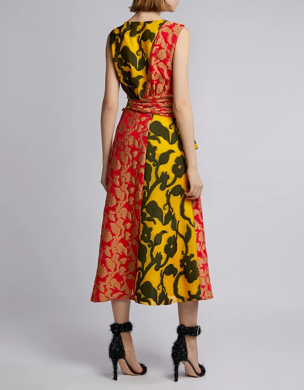 Shar Floral Ruffle Front Slit Midi Dress