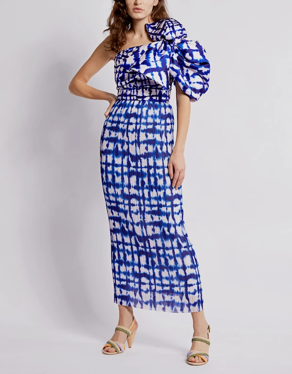 Solace London Lucia Check Printed One-shoulder Midi Dress