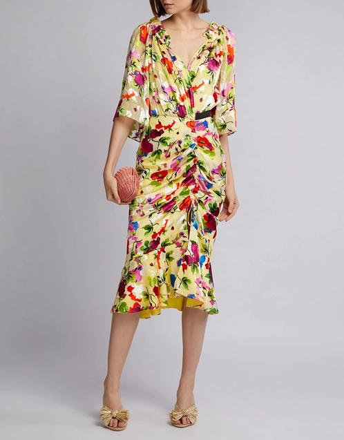 Olivia-B V-Neck Floral Ruffled Wrap Midi Dress