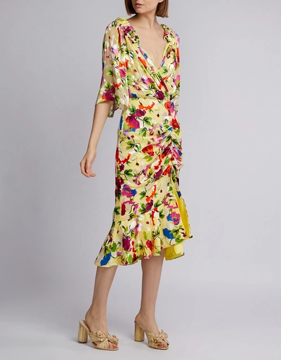 Olivia-B V-Neck Floral Ruffled Wrap Midi Dress