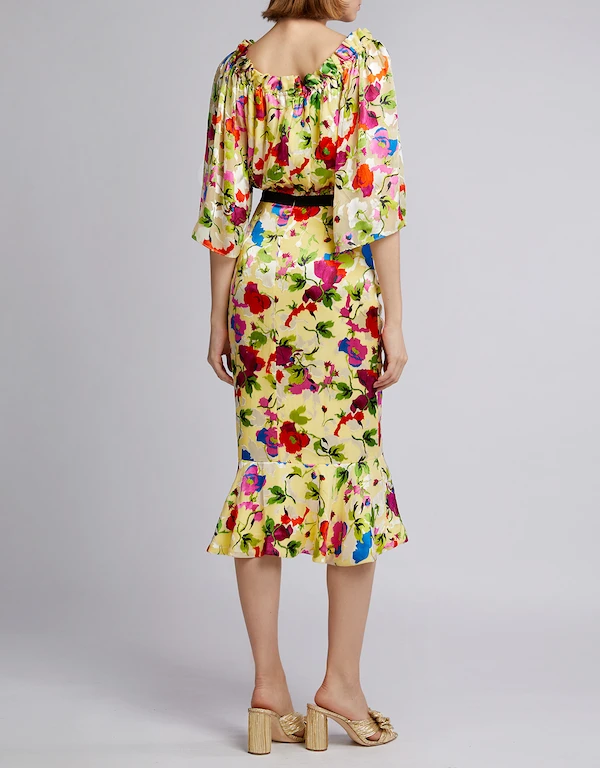 Saloni Olivia-B V-Neck Floral Ruffled Wrap Midi Dress