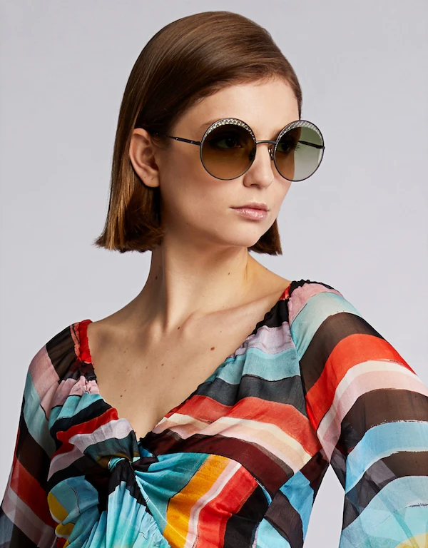 Bottega Veneta Embossed Metal Frame Mirrored Round Sunglasses